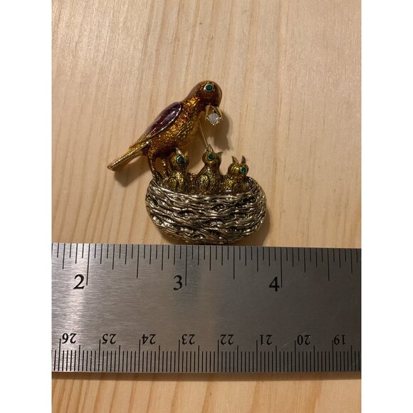 Vintage Bird & Nest Brooch Pin With Sparkling Gemstones - Picture 2 of 5